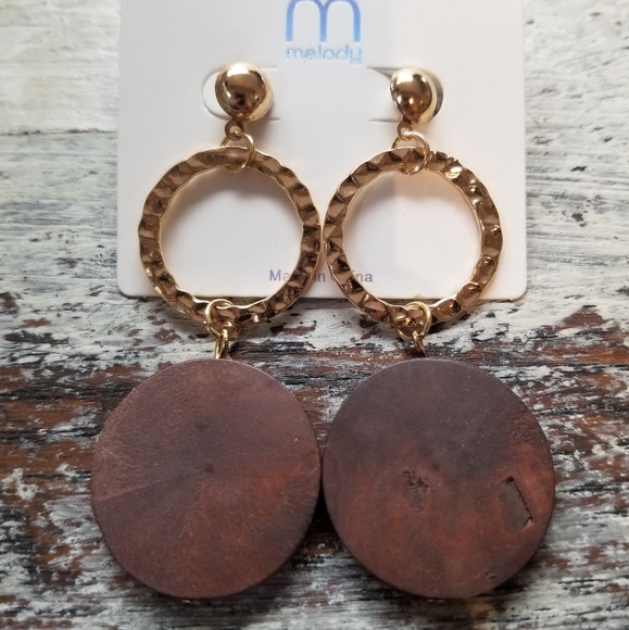 Jewelry - Boho Gold & Brown Wood Double Circle Earrings